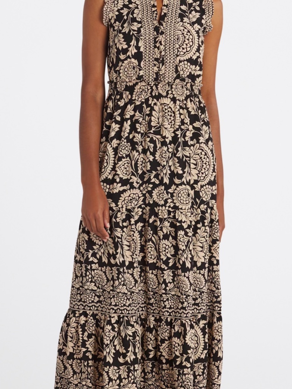 Maggy London Black and Cream Floral Tiered Maxi Dress